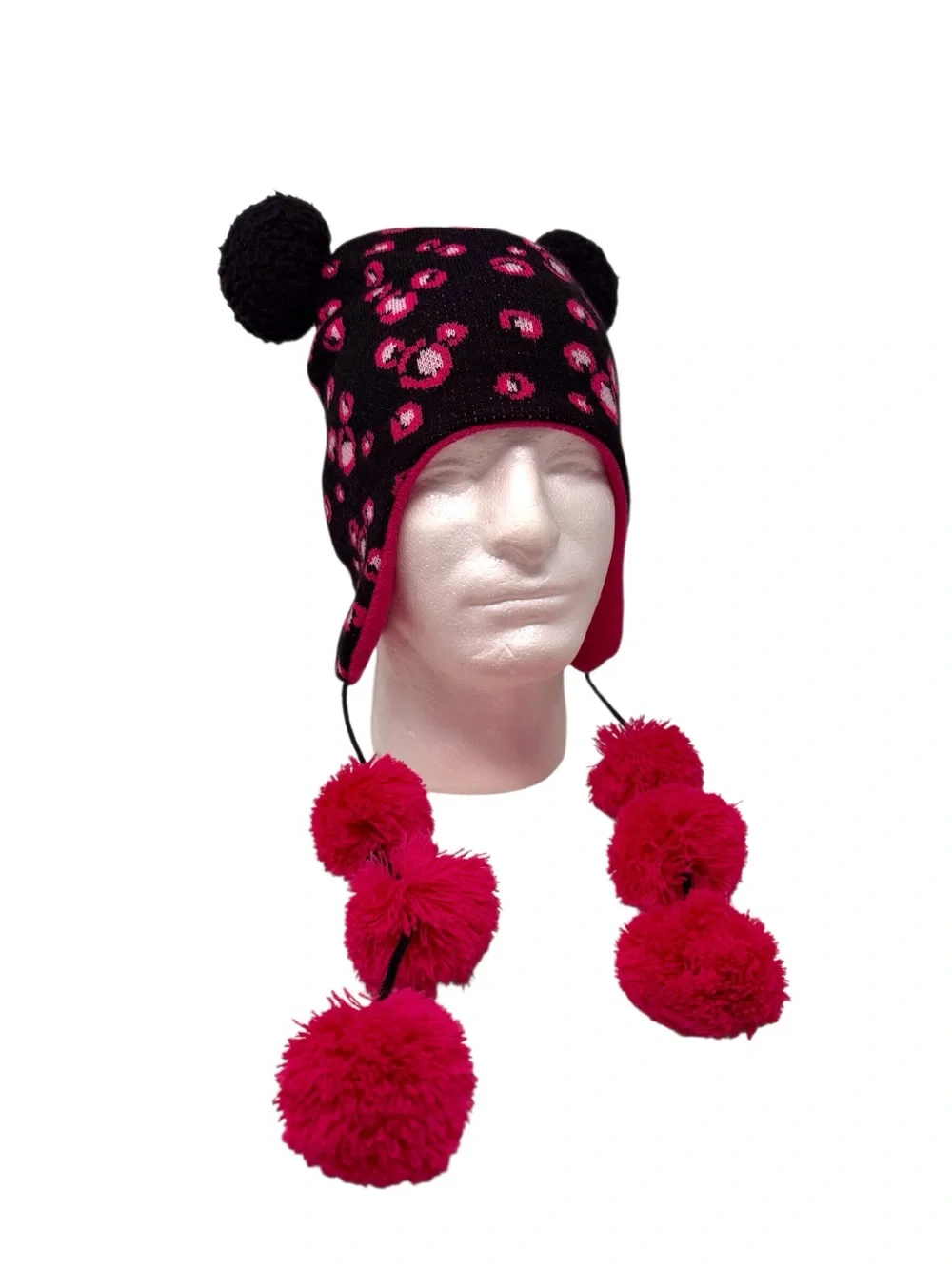 Disney Parks Black & Pink Dangling Pom Pom Beanie W/ear Flaps EUC
